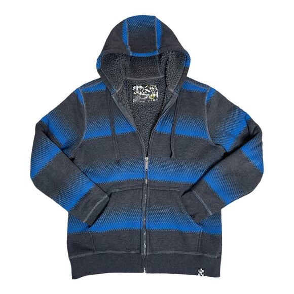 Vtg NSS Gray Blue Graphic Stripe Sherpa Lined Full Zip Hoodie Y2K Skater Cyber S - Picture 1 of 11